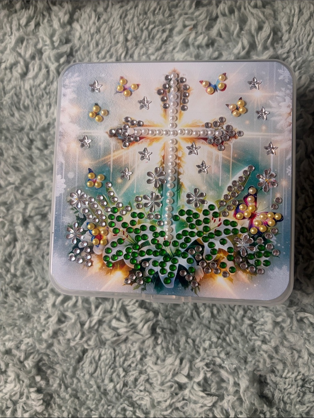 Embellished Cross Decorative Trinket Box - Green & White